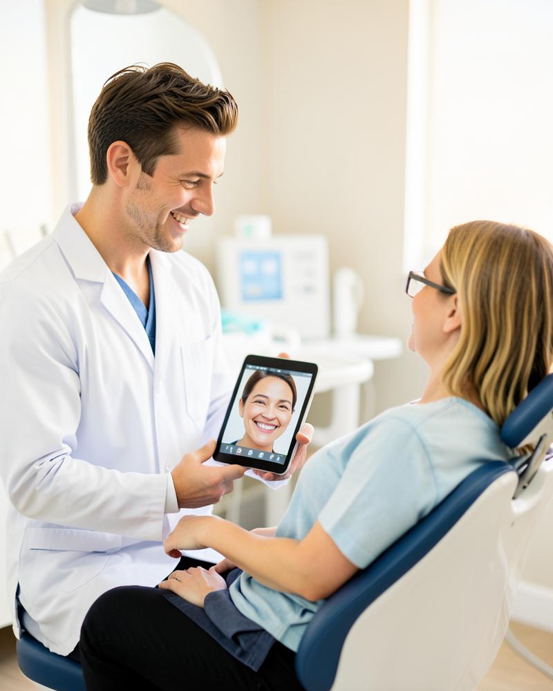 Dentist showing a patient their new smile preview on a tablet chairside