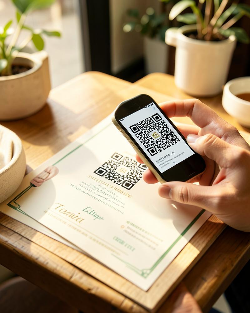 Scanning a Smile Booth QR code on a printed clinic flyer