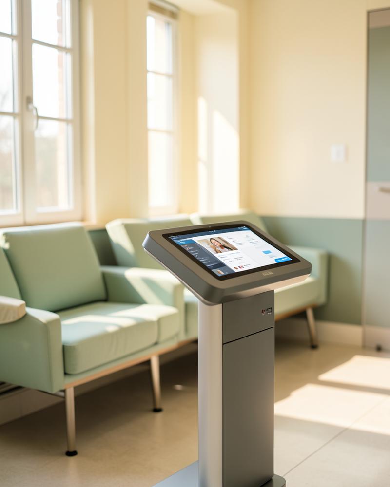 Smile Booth tablet kiosk in a modern dental clinic waiting room